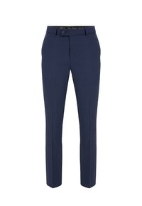 Granatowe, dopasowane spodnie wykonane z fakturowanej tkaniny, z płaskim przodem, paskiem na pasek oraz klasycznym krojem prostym.