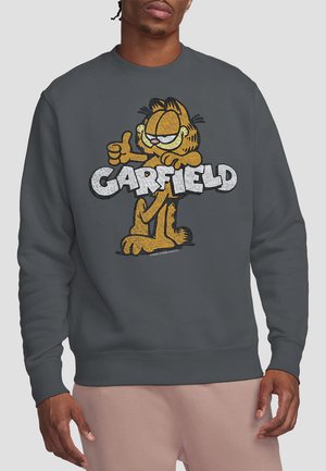 Gray sweatshirt featuring a large, cartoonish orange cat design with the text "GARFIELD" in bold, white letters beneath.