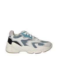 Chunky sneaker met een witte basis en lichte blauwe en zwarte accenten, textiel met structuur, en een dikke rubberen zool. Veters en gewatteerde kraag.