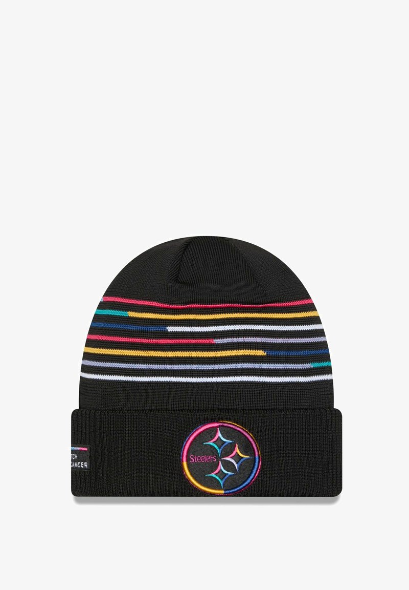 Berretto lavorato a maglia nero con strisce orizzontali colorate nella parte superiore e un patch rotondo con il logo dei Steelers nella parte anteriore, caratterizzato da cuciture multicolori.