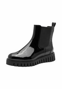Bottes Chelsea en cuir verni noir avec des panneaux élastiques sur les côtés, bout arrondi et semelle striée pour une adhérence accrue. Idéales pour un usage décontracté.