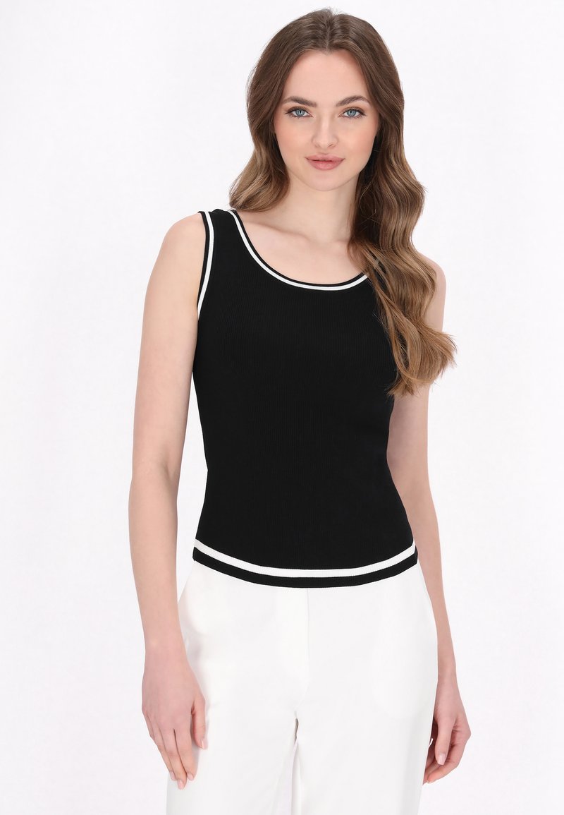 Schwarzes, geripptes Tanktop mit weißen Akzenten entlang des Halsausschnitts und Saums. Figurbetontes Design, ärmelloser Stil und aus einem strukturierten Gewebe gefertigt.