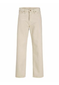 Jeans beige de pierna recta, fabricados en algodón, con cierre de botón, dos bolsillos frontales y detalles de costura visibles.