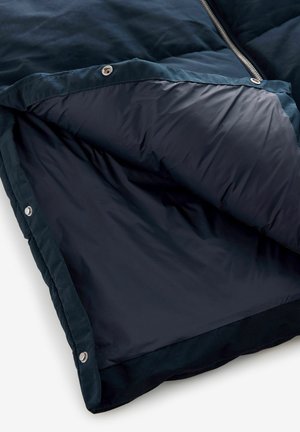 Intérieur de la doudoune bleu marine montrant une doublure en nylon lisse avec un motif matelassé. Présente des fermetures à pression en métal et une fermeture éclair.