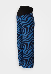 Maternity pants with a black waistband, featuring blue and dark blue zebra stripes, made from soft fabric, straight-leg design.