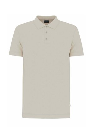 Beiges kurzärmeliges Poloshirt mit Kragen und drei Knöpfen, mit einem kleinen schwarzen Etikett am Seiten Saum.