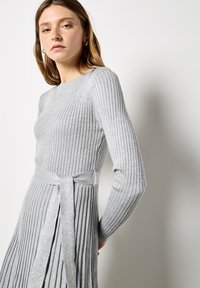 Grijze ribgebreide jurk met lange mouwen, een aansluitende bovenkant en een geplooide rok. Heeft een glanzende zilveren strik in de taille. Soepele textuur.