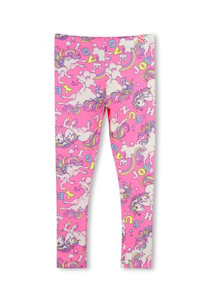 Leggings roses pour enfants avec des licornes blanches, des crinières arc-en-ciel, des étoiles, des nuages et des lettres colorées épelant "LOVE" et "JOY."