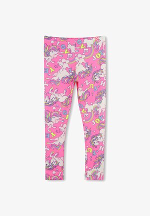 Roze kindertight met witte eenhoorns, regenboogmanen, sterren, wolken en kleurrijke letters die "LOVE" en "JOY." spellen