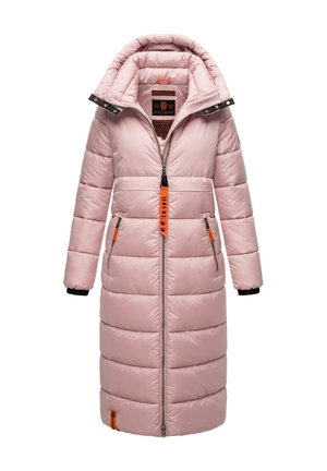 Long, pink puffer coat with a high collar, zip front, side pockets, and contrasting orange zipper pull. Features ribbed cuffs and quilted texture.