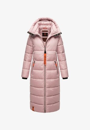 Lang, pink pufferjakke med høj krave, lynlås foran, sidelommer og kontrastfarvet orange lynlås. Har ribbede manchetter og kviltet tekstur.