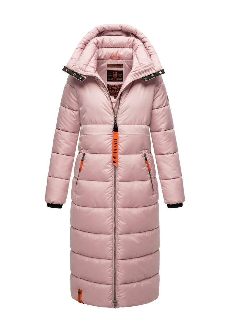 Long, pink puffer coat with a high collar, zip front, side pockets, and contrasting orange zipper pull. Features ribbed cuffs and quilted texture.