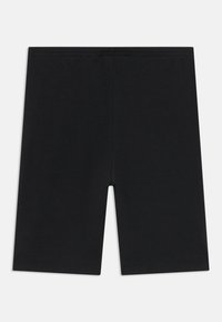 Fekete pamut shorts, bordás textúrával, közepes hosszúságú kialakítással és rugalmas derékkal a kényelem érdekében. Nincsenek látható minták vagy akcentusok.