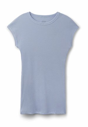 Hellblaues, kurzärmeliges, geripptes Strickshirt mit rundem Ausschnitt und enger Passform.