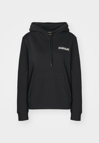 Sweat à capuche noir avec poche kangourou à l'avant et petit logo blanc "Napapijri Geographic" sur le côté gauche de la poitrine.
