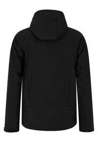Veste noire à capuche avec manches longues vue de dos, avec détails des coutures surpiquées et sangles ajustables aux poignets.