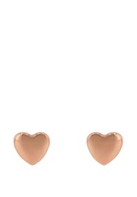 Hjärtförsedda örhängen i roséguld med slät, polerad yta, visade mot en vit bakgrund.