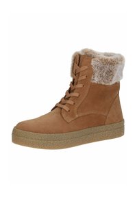 Stivaletto in suede marrone con colletto in pelliccia sintetica, punta rotonda, chiusura con lacci, suola in gomma beige testurizzata e dettagli di cucitura in contrasto.