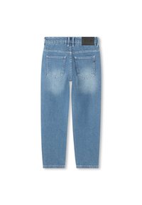 Light blue denim jeans with a straight fit, featuring two back pockets, a black leather logo patch on the waistband, and a faded texture.