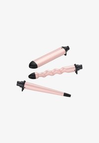 Trois barrels de fer à friser en or rose avec embouts et connecteurs noirs, chacun de formes différentes : droit, ondulé et effilé.