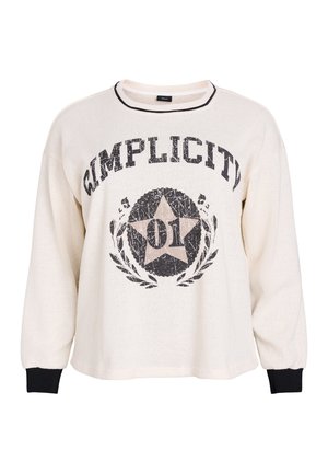 Cremefarbenes Sweatshirt mit langen Ärmeln, schwarzem Halsbündchen und schwarzen Ärmelbündchen. Mit einem großen Grafikdruck des Wortes "Simplicity" und einem Stern.