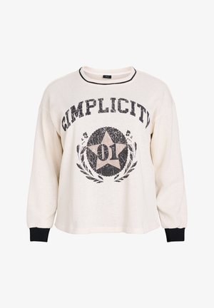 Kreemikas pusa pikkade varrukatega, musta kaeluse ja mustade mansettidega. Suur graafiline trükk sõnaga „Simplicity“ ja tähega.