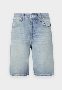 Svetlo modri jeans kratke hlače klasičnega kroja, s petimi žepi, z zadrgo na sprednji strani in kovinskim gumbom za zapiranje. Imajo zbledela mesta in šivane robove.