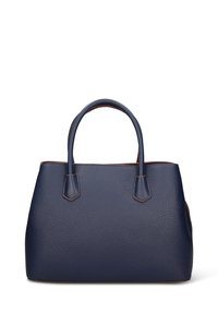 Marineblauwe lederen handtas met een textuur, voorzien van twee korte handvatten en contrasterende bruine accenten, met een gestructureerde vorm en geen zichtbare metalen onderdelen.
