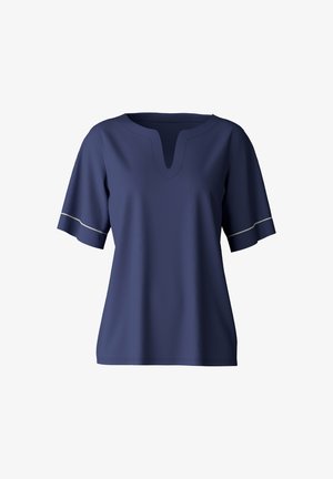 Navy blue short-sleeve top with a v-shaped neckline. Features a smooth texture and gray accent trim along the sleeves. Lightweight fabric.