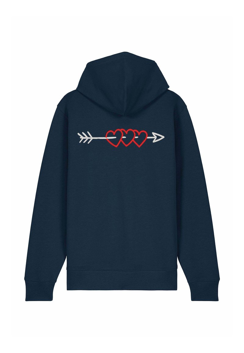Felpa blu navy con un grande design sul retro che presenta tre cuori rosse collegate da una freccia bianca. Tessuto morbido, polsini e orlo a costine.