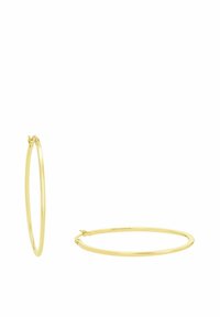 Orecchini a cerchio in oro con una finitura liscia e lucida. Design circolare, caratterizzato da una chiusura a scatto. Leggeri con un'estetica minimalista.
