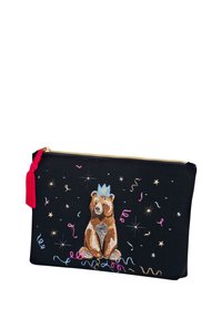 Svart tygpåse med guldzipper, prydd med en broderad brun björn, dekorerad med en blå krona och färgglada konfettimönster. Röd tofsdetalj.