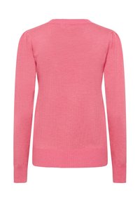 Roza pulover s dolgimi rokavi in okroglo izrezom ter rebrastim robom. Tkanina ima gladko teksturo in subtilen sijaj, kar zagotavlja prilegajoč silhueto.