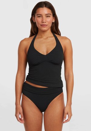 Ensemble de maillot de bain noir comprenant un haut à col plongeant avec détails froncés et un bas taille haute assorti, fabriqué en tissu extensible texturé.