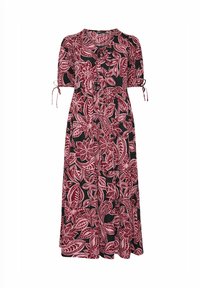Langes schwarzes Kleid mit großen rosa Blumen- und Blättermustern, kurzen puffigen Ärmeln mit Bindebändern und vorn gerafften Details.