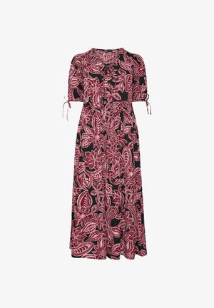 Abito lungo nero con grandi motivi floreali e fogliari rosa, maniche a sbuffo corte con nastri e dettagli arricciati sul davanti.