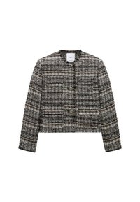 Skrócona marynarka z tweedu w czarno-białym kolorze, z okrągłym dekoltem, przednimi kieszeniami i trzema metalowymi guzikami. Tkanina o fakturze z klasycznym wzorem w kratę.