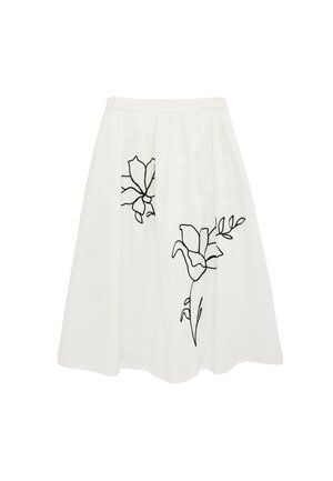 Gonna bianca fino al ginocchio con motivi floreali con contorno nero sulla parte anteriore, caratterizzata da una fascia elastica in vita e morbide pieghe.