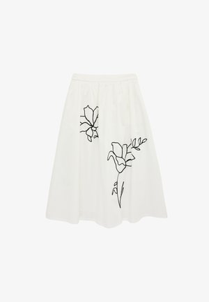 Gonna bianca fino al ginocchio con motivi floreali con contorno nero sulla parte anteriore, caratterizzata da una fascia elastica in vita e morbide pieghe.