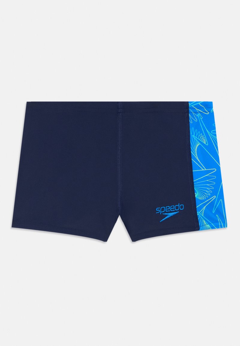 Shorts de bain navy avec un panneau latéral à motif bleu. Comprend une taille élastique, le logo Speedo, et un tissu lisse et léger.
