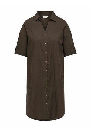 Rochie cămașă maro închis cu mâneci scurte, nasturi, guler și manșete răsucite, tiv drept și croială lejeră.