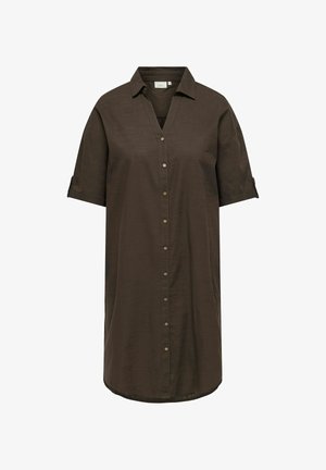 Sötétbarna rövid ujjú, gombos ingruha gallérral és felhajtott mandzsettával, egyenes szegéllyel és laza szabással.