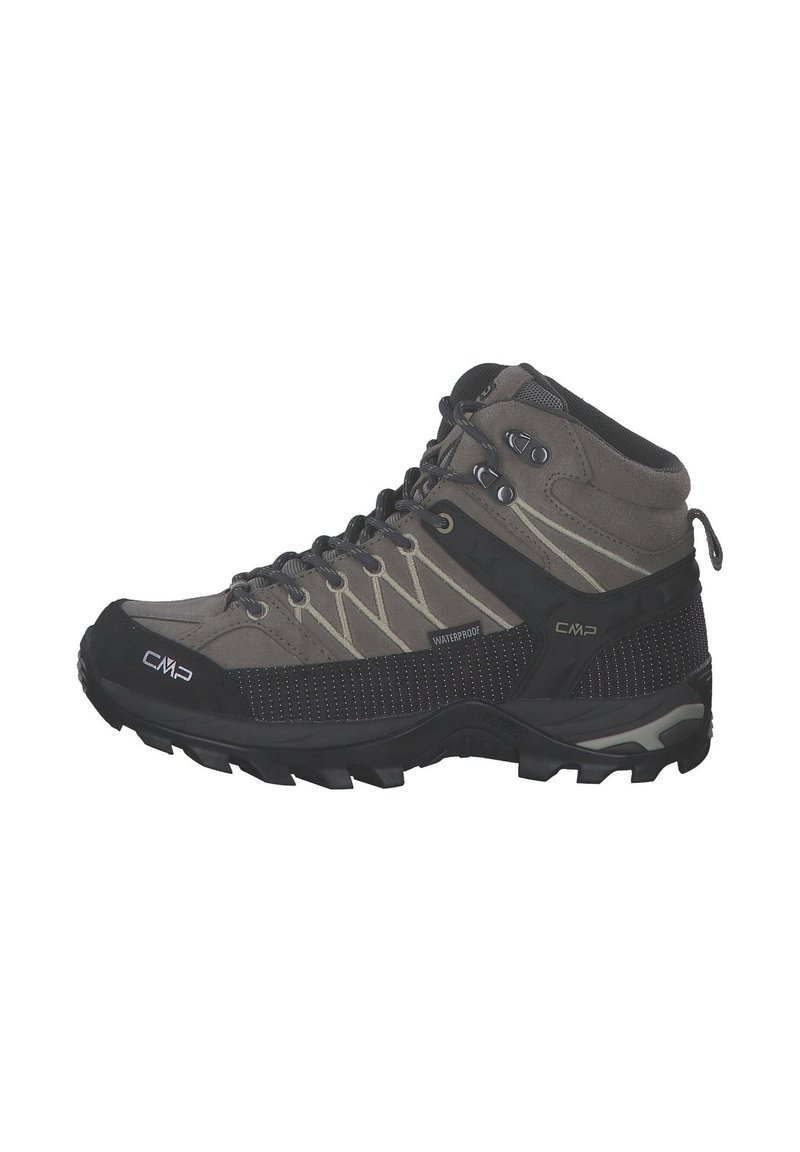 Scarpe da trekking altezza media in grigio e nero. Materiale impermeabile, tomaia strutturata con accenti a motivi, punta rinforzata e suola durevole.