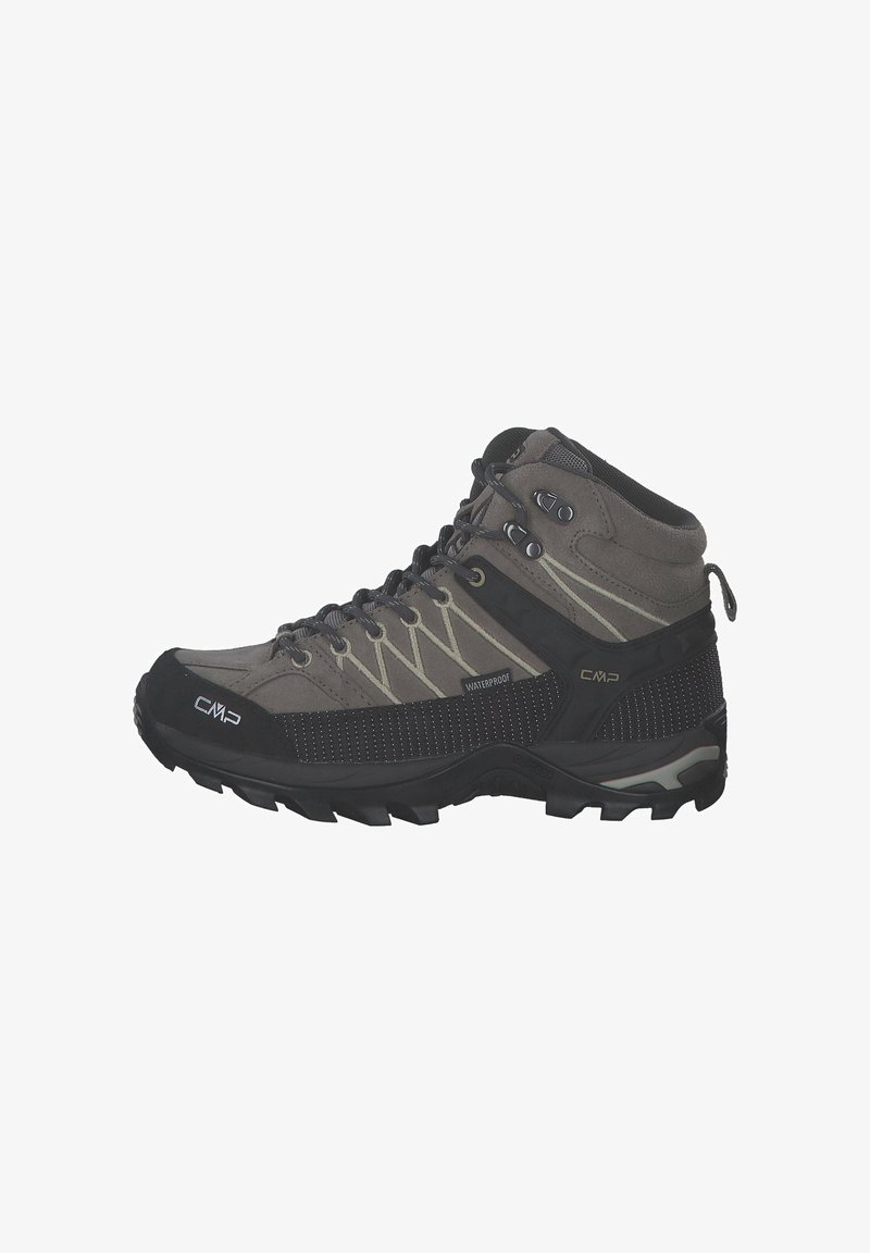 Średniej wysokości buty trekkingowe w kolorze szarym i czarnym. Materiał wodoodporny, teksturowana cholewka z wzorzystymi akcentami, wzmocniony czubek oraz wytrzymała podeszwa.