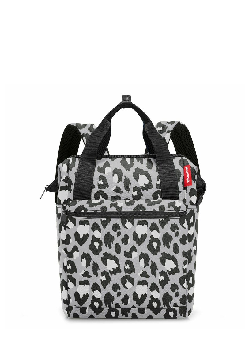 Gray leopard print bag with a structured shape, black accents, dual top handles, and adjustable straps; features a zippered compartment.