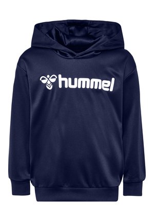 Marineblaue Kapuzenjacke aus weichem Material. Sie verfügt über ein großes weißes "hummel"-Logo über der Brust sowie gerippte Bündchen und Saum.