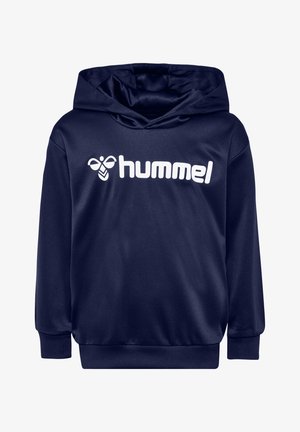 Sweat-shirt à capuche bleu marine en matériau doux. Présente un grand logo "hummel" blanc sur la poitrine ainsi que des poignets et un ourlet côtelés.
