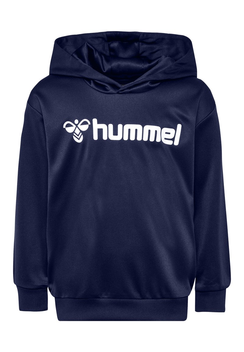 Marineblaue Kapuzenjacke aus weichem Material. Sie verfügt über ein großes weißes "hummel"-Logo über der Brust sowie gerippte Bündchen und Saum.