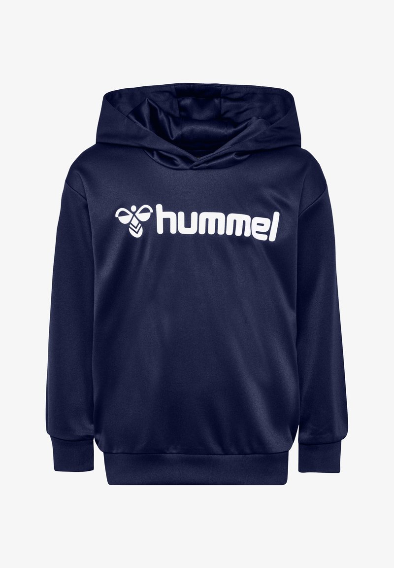 Marineblaue Kapuzenjacke aus weichem Material. Sie verfügt über ein großes weißes "hummel"-Logo über der Brust sowie gerippte Bündchen und Saum.