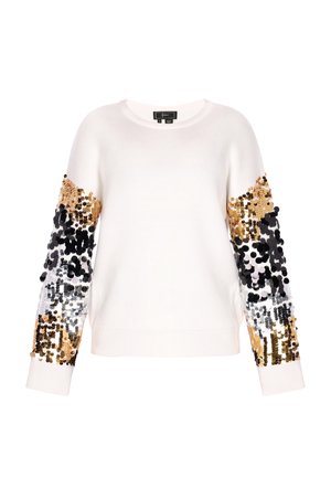 Biały sweter z dzianiny z rękawami ozdobionymi cekinami w złote, czarne i srebrne wzory. Okrągły dekolt i ściągacze przy mankietach dopełniają projekt.